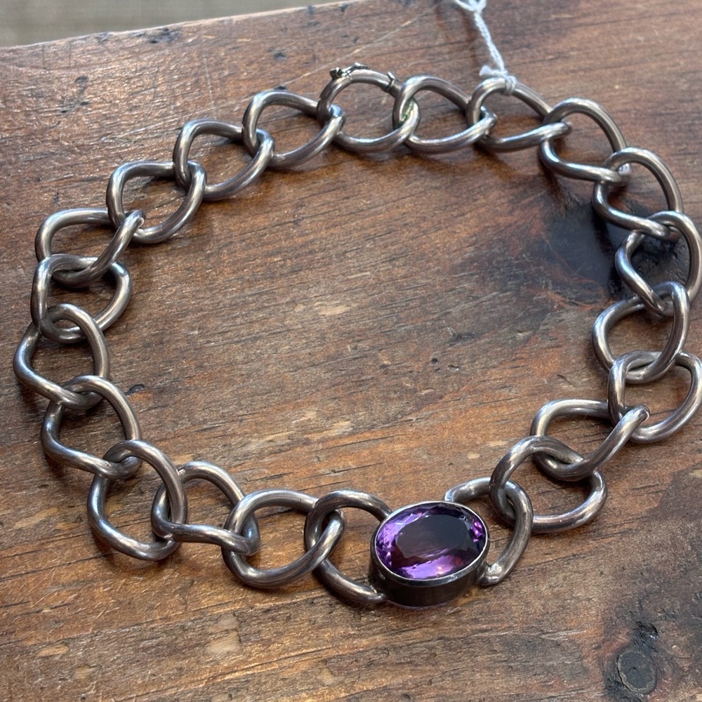 .925 Silver and Amethyst Chain Link Choker Necklace